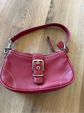 Coach Red Leather Mini Shoulder Bag with Front Buckle